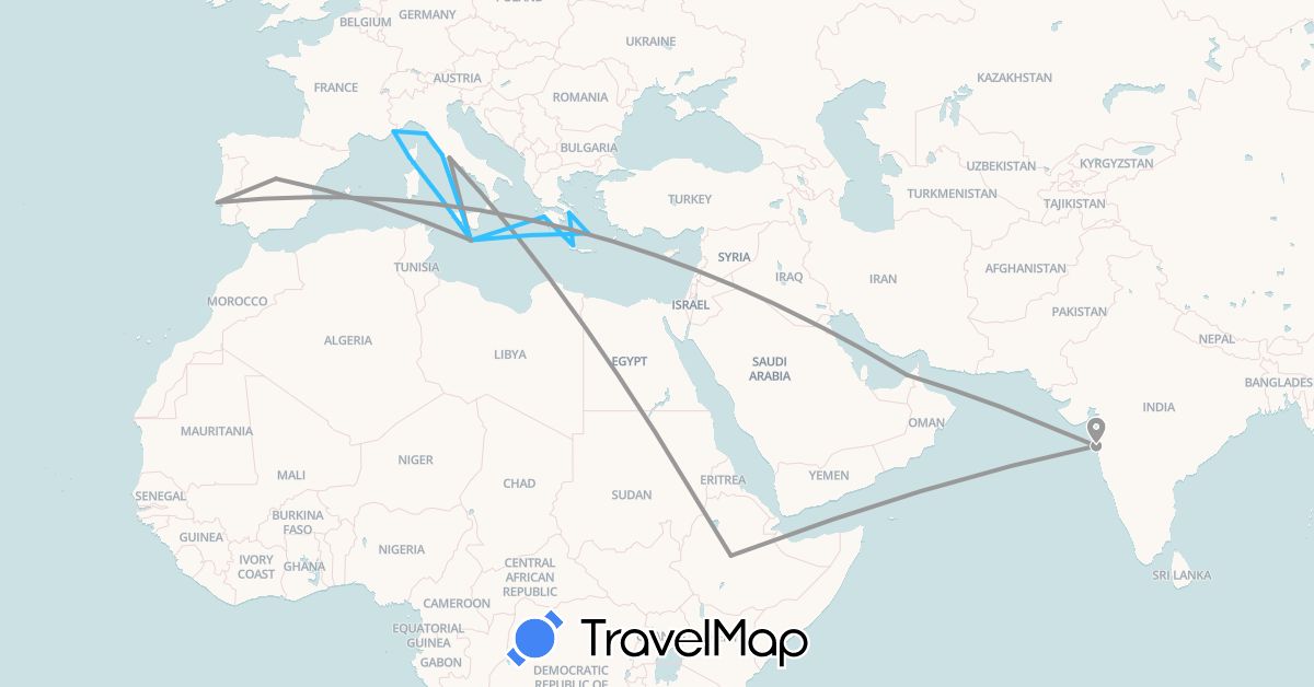 TravelMap itinerary: driving, plane, boat in United Arab Emirates, Spain, Ethiopia, France, Greece, India, Italy, Malta, Portugal (Africa, Asia, Europe)